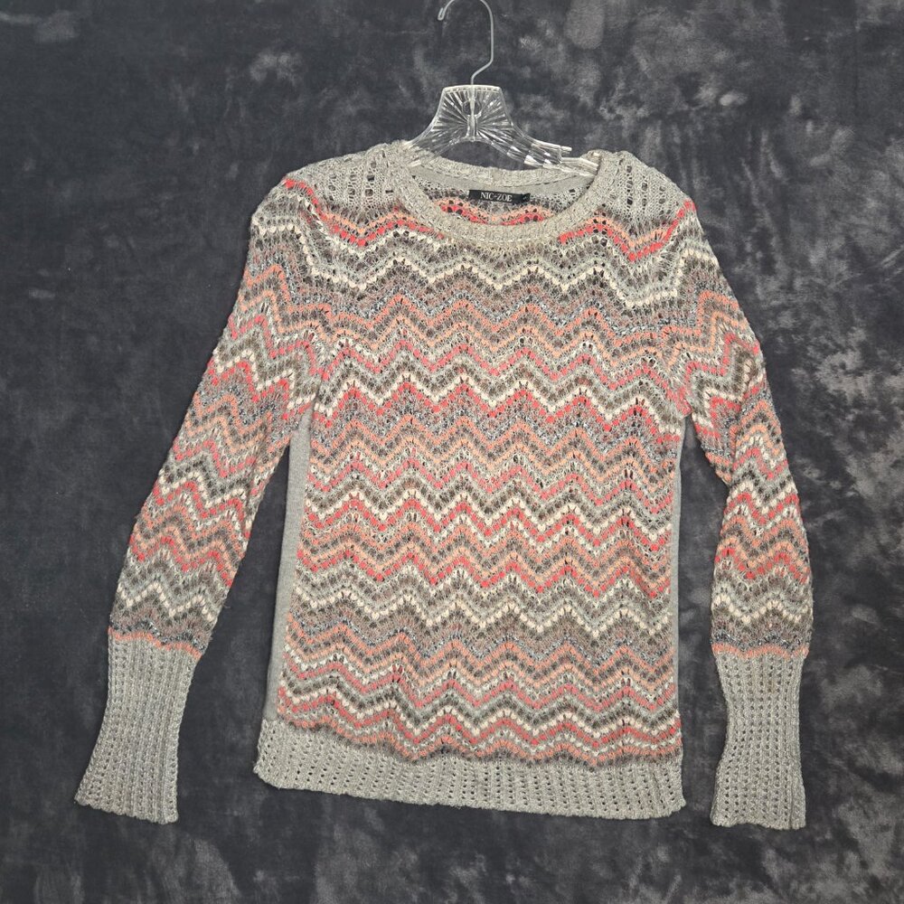 NIC+ZOE Chevron Crochet Style Knit Sweater - Coral, Cream, Gray Size Small